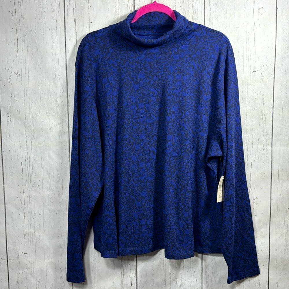 Coldwater Creek Blue Floral Mock Neck Top 3X Plus Size Cozy Casual Chic